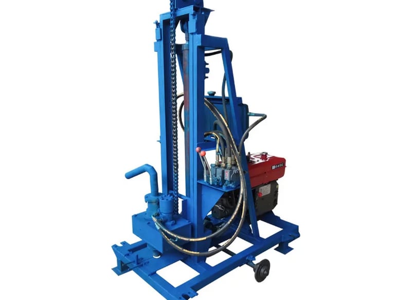 Portable blue hydraulic water well drilling rig with a diesel engine on a white background.