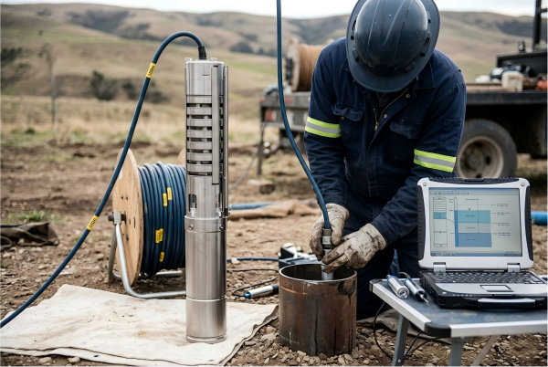 A technician installs a stainless steel submersible pump for water well drilling using a diagnostic laptop.