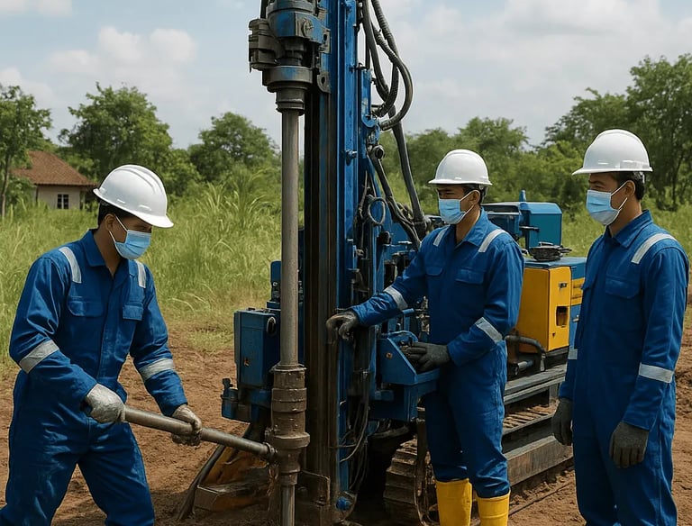 Construction workers in safety gear operating a hydraulic borehole drilling rig at a rural site.
