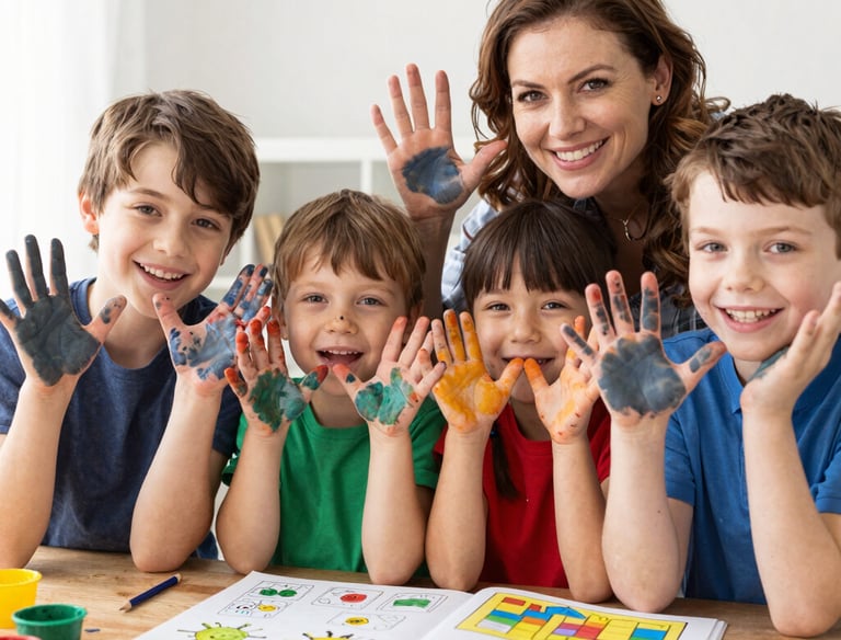 Children happily engaging in colorful biblical activity sheets at a cozy table.