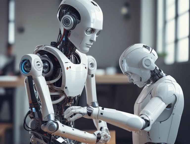 Students assembling a robotic arm in a bright, modern lab setting.