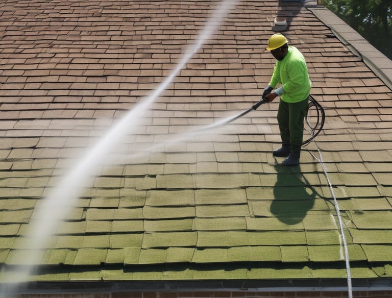 Close-up of a roof being cleaned with high-pressure water jets.