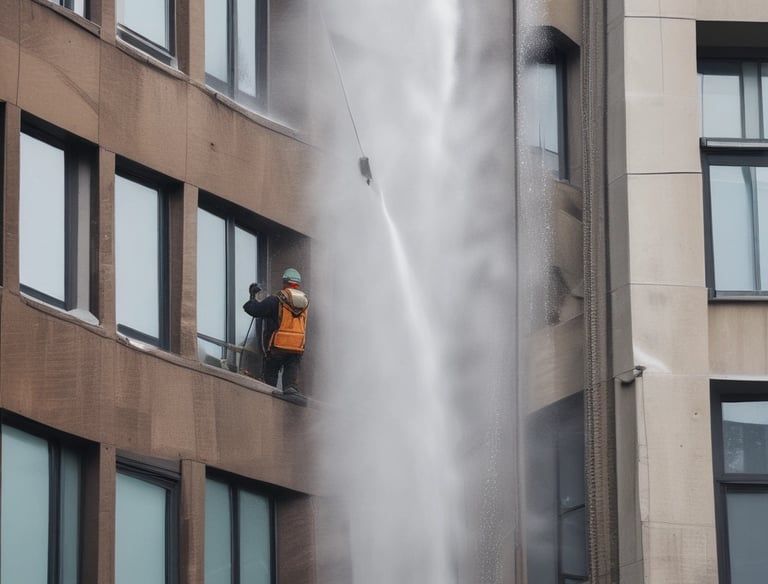 High-pressure cleaning of a brick building exterior on a sunny day.