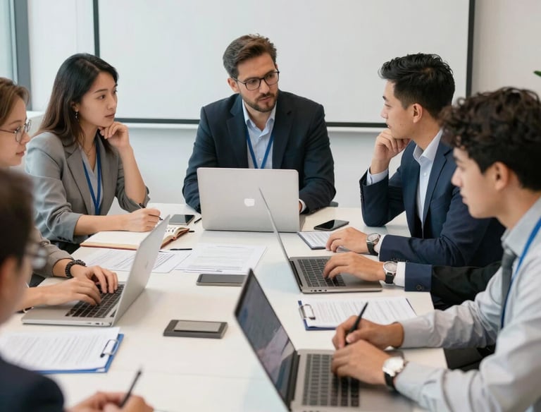 Modern office meeting with diverse professionals discussing business strategies.