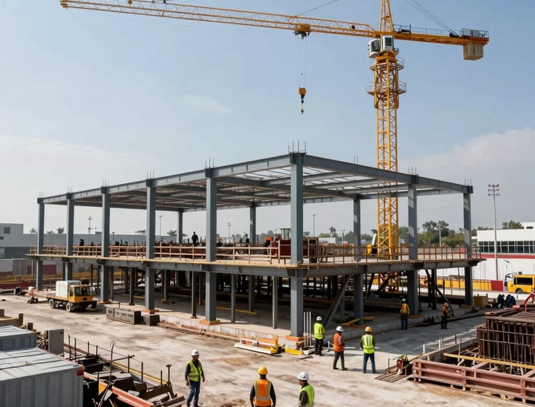 A modern construction site with cranes and workers in safety gear assembling a large industrial building.