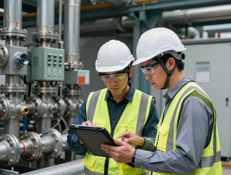 Engineers reviewing blueprints and technical plans inside a bright office overlooking a city skyline.