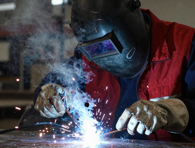 A welder carefully repairing a metal fence with sparks flying gently.
