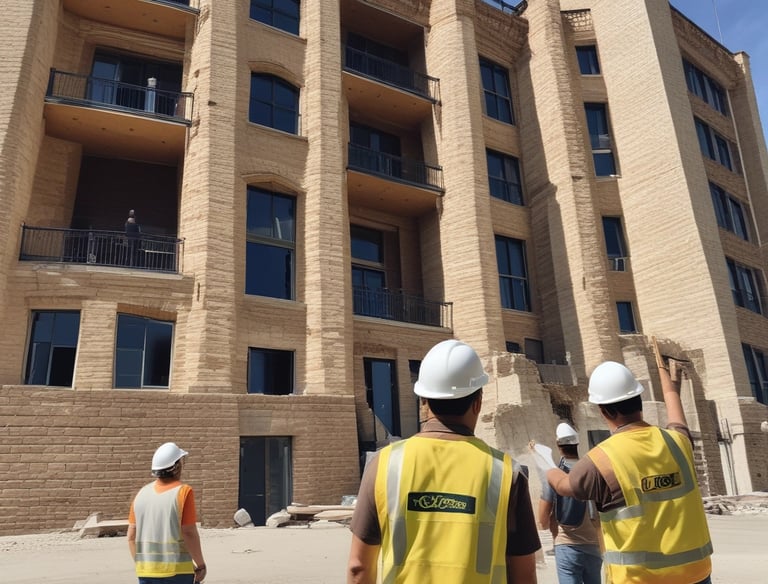 Construction team reviewing blueprints on site with safety gear.