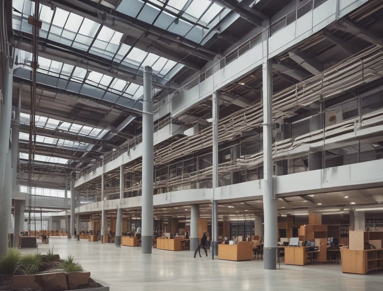 A vibrant commercial shophouse with large glass windows and bustling street view.