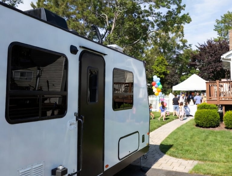 Trailer parked on the backyard with people celebrating a birthday on the background.