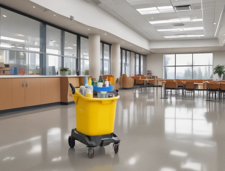Close-up of cleaning tools like mops and spray bottles arranged neatly on a shelf.