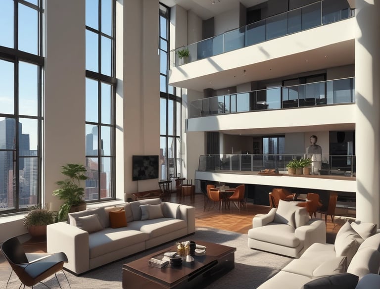 Cozy downtown apartment with city skyline views at sunset.