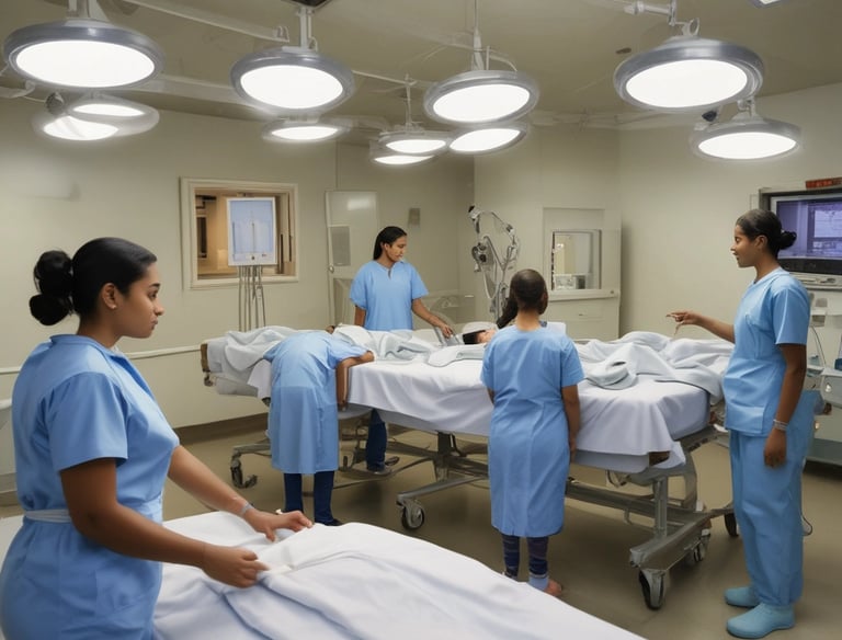 Students practicing clinical skills in a well-equipped hospital setting.