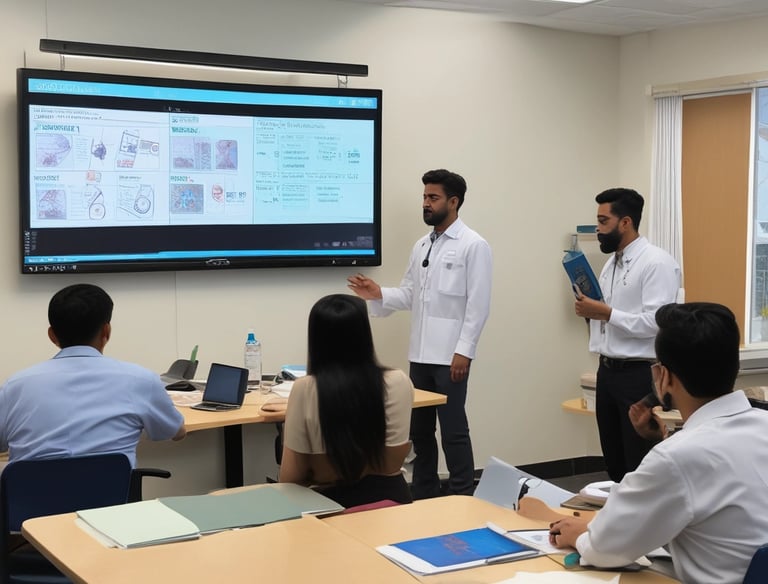 Experienced faculty member guiding students in a bright, well-equipped classroom.