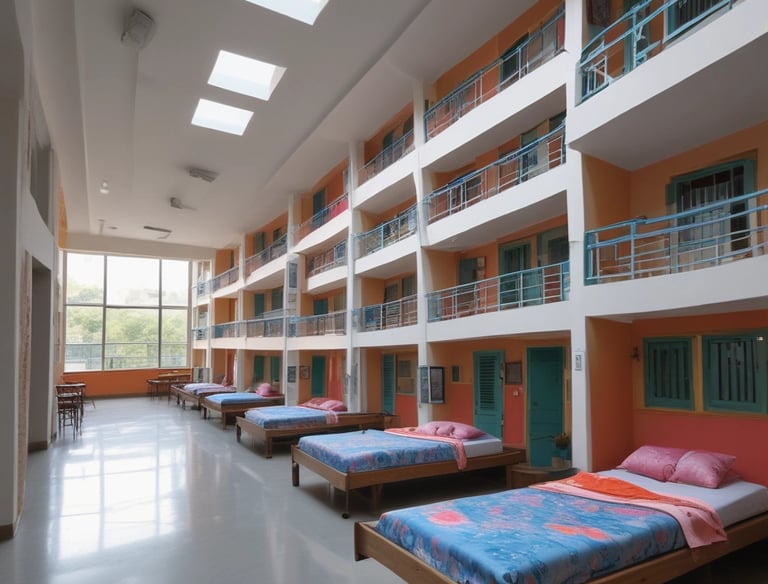 Comfortable and secure girls hostel with study areas and common rooms.