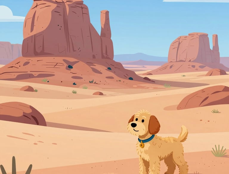 Aerial view of a remote desert campground with subtle hints of advanced equipment partially concealed beneath the sand.