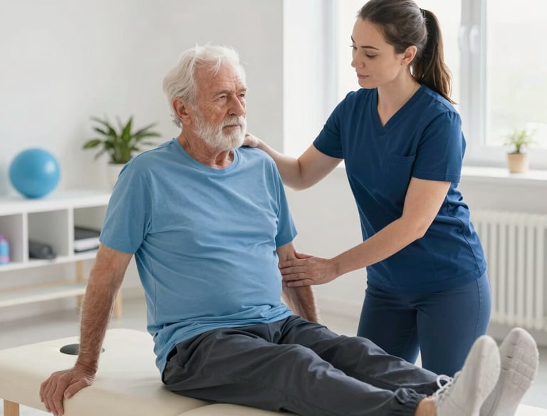 Elderly woman beginning light stretching exercises in a cozy home setting.