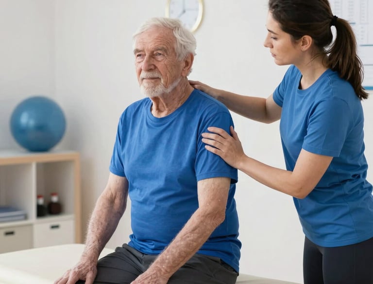 Senior receiving guided rehabilitation exercises from a professional therapist indoors.