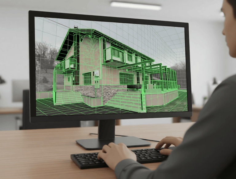 Architect using 3D modeling software on a computer to design a modern residential house wireframe. 