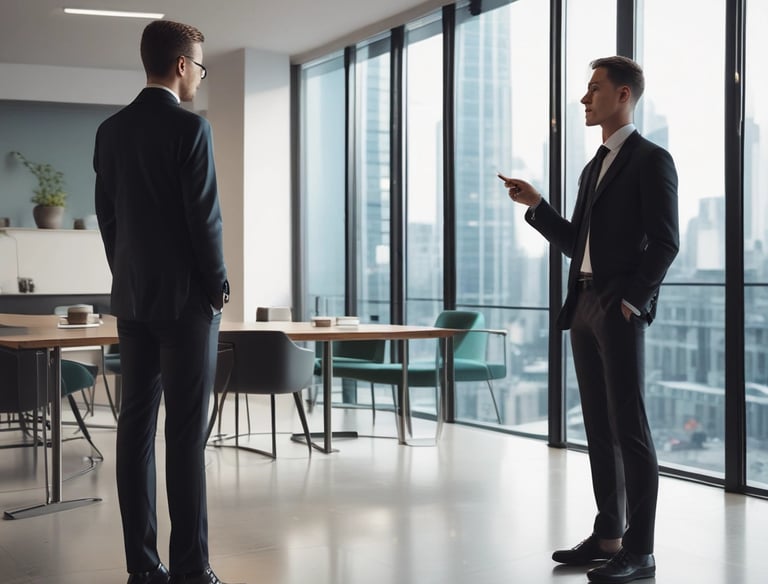 A professional consultant discussing FX payment strategies with a broker in a modern office.