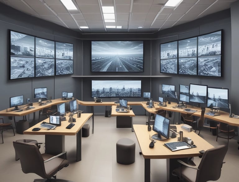 Digital signage screens displaying information in a business environment.