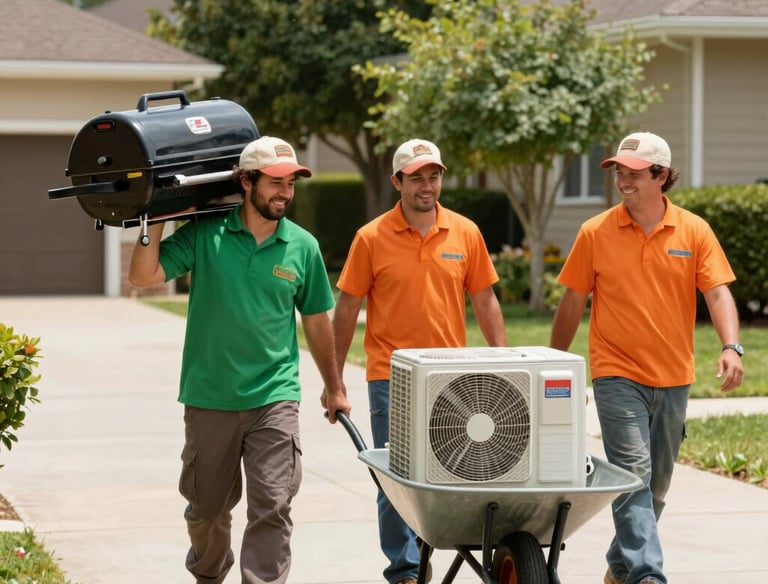 A clean box truck driving down a sunny suburban street, ready to haul away junk.