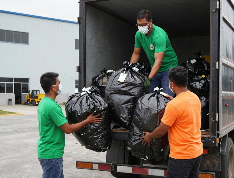 Friendly crew members loading furniture and boxes into a cargo truck.