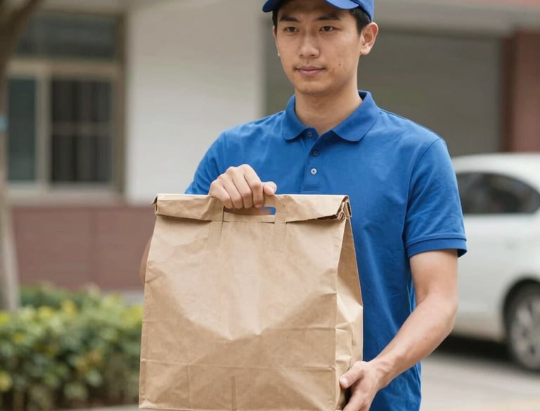 Delivery person handing over a neatly packed meal at a customer's door.