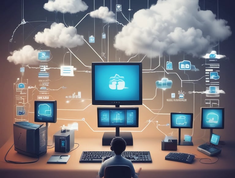 Cloud servers with vibrant data streams visualizing data hosting services.