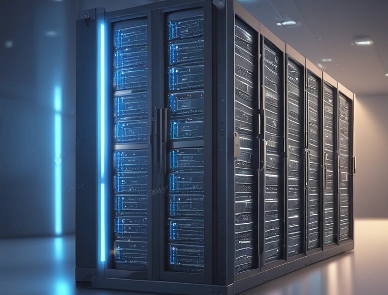 Cloud servers with vibrant data streams visualizing data hosting services.