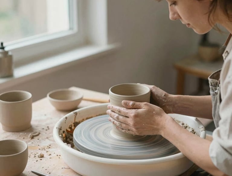 Artisan carefully shaping raw clay on a potter’s wheel to create a ceramic mug.