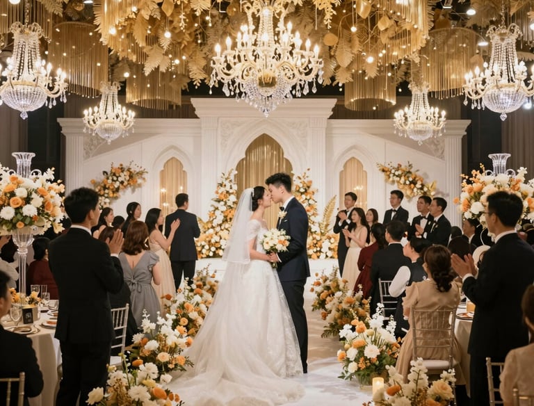Elegant wedding guests enjoying a photobooth with golden and black decor.