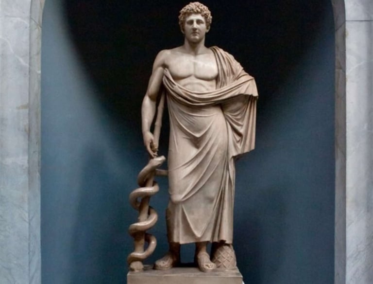 asklepios, greek god of medicine and rodd of asklepios