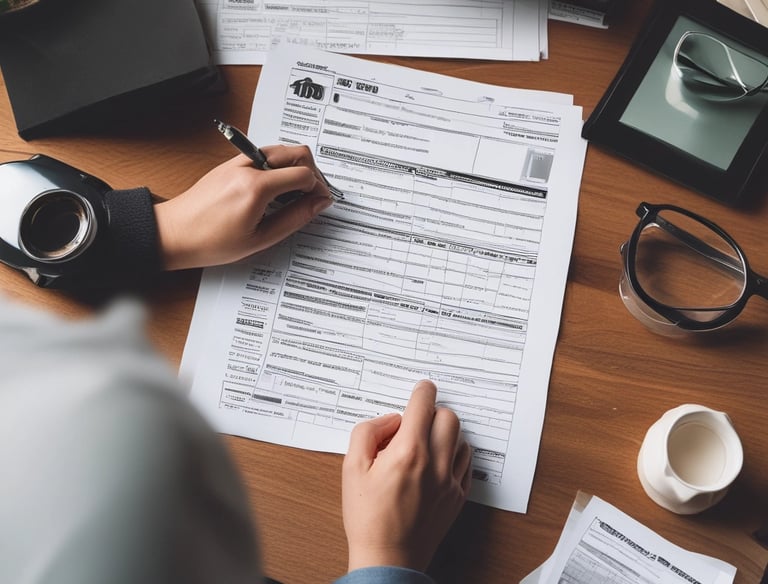 A close-up of hands calculating taxes with a calculator and paperwork.