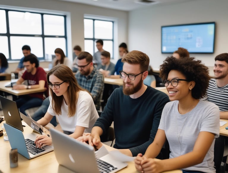 Children and teens joyfully practicing guitar and piano in a music class.