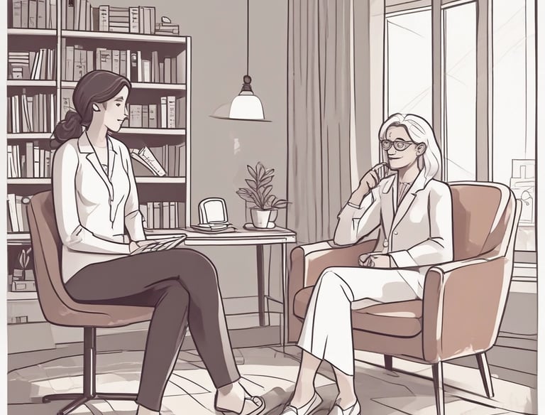 A serene therapy room with calming colors and comfortable seating.