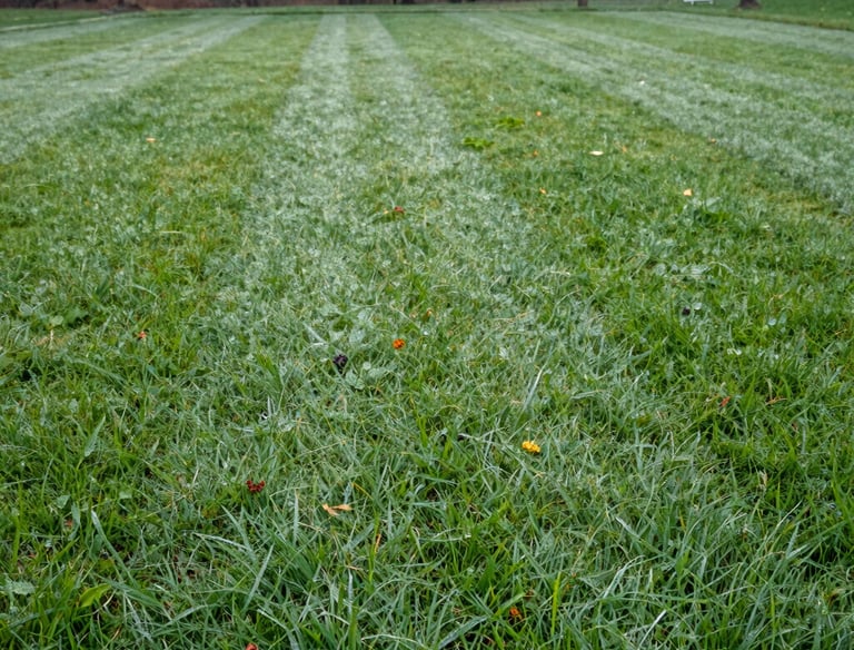 A slow-motion shot of a freshly mowed Michigan lawn with crisp, clean lines under a bright sky.