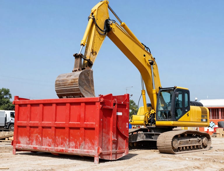 Team members loading debris into a dumpster with safety gear on a sunny day.