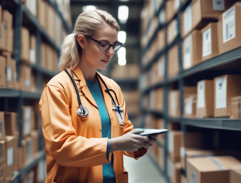 Close-up of a driver scanning a barcode on medical equipment for proof of delivery.