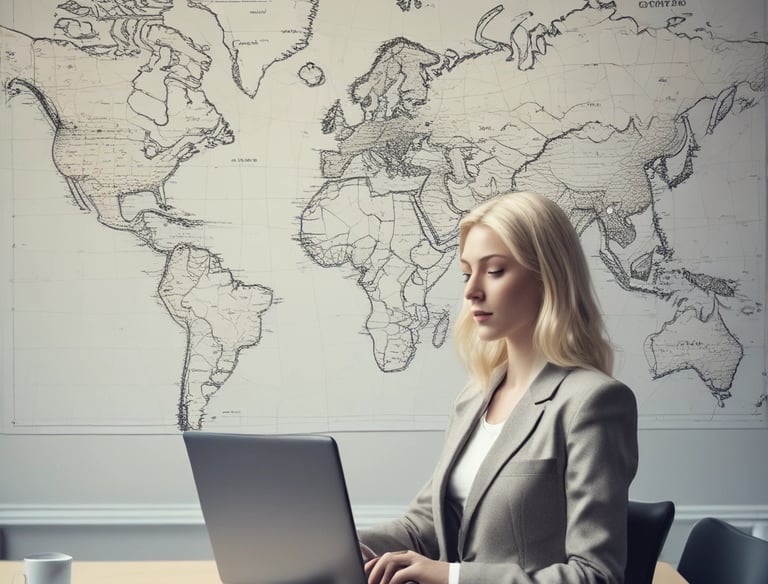Professional consultant discussing international trade strategy with clients in a modern office.