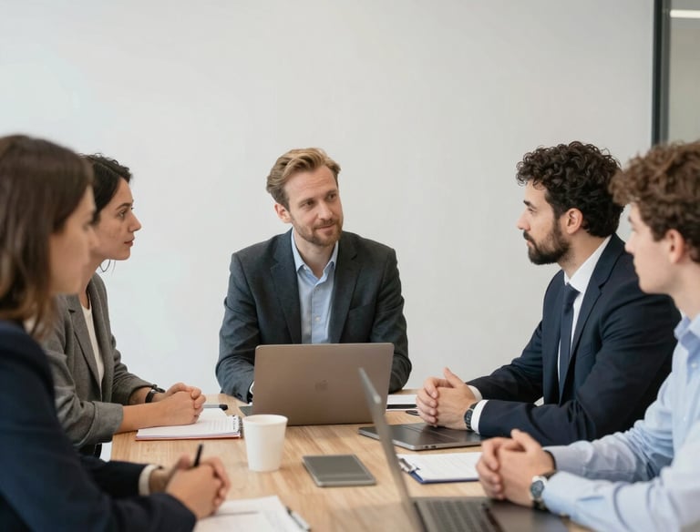 Collaborative meeting of healthcare professionals around a table with digital devices and strategy papers.