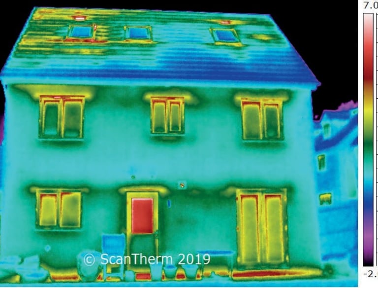 Thermografie eines Wohnhauses zur Analyse von Wärmeverlusten im Rahmen eines Energie‑Gutachtens.