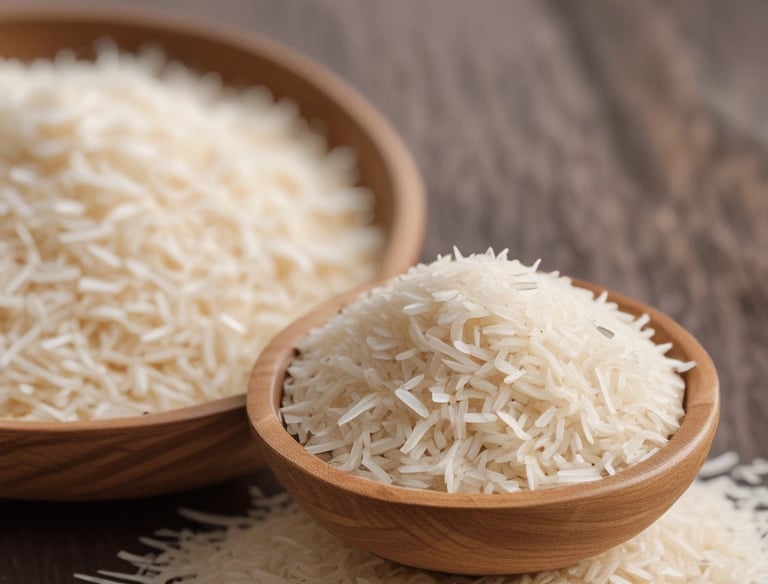Close-up of golden Indian rice grains in a rustic wooden bowl.