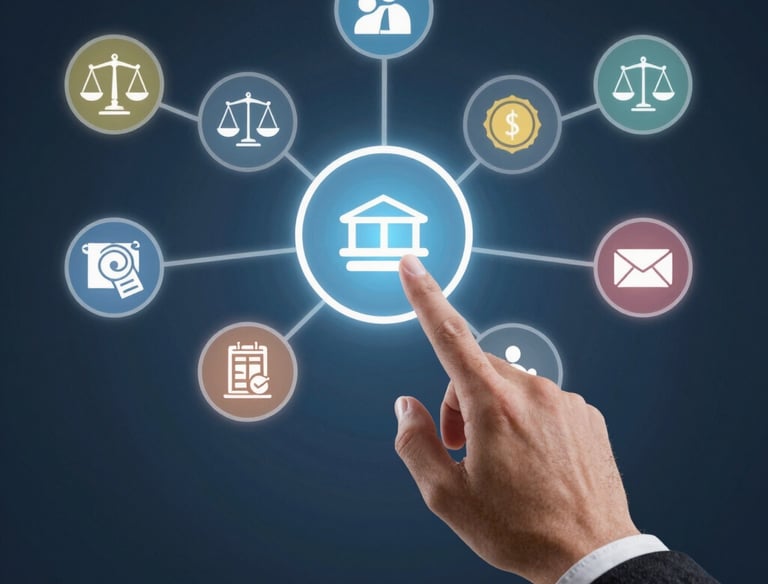 Modern office desk with laptop and legal books, illuminated by warm golden light.