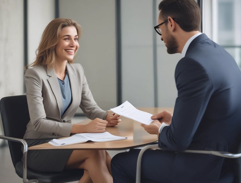A recruiter conducting interviews with candidates in a bright, professional setting.