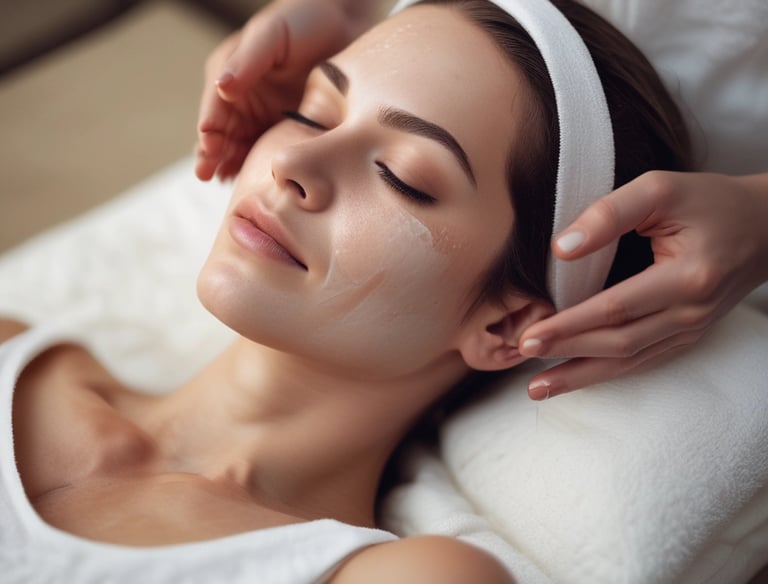 Soft pastel image of a woman receiving a gentle facial massage in a bright, elegant spa room.