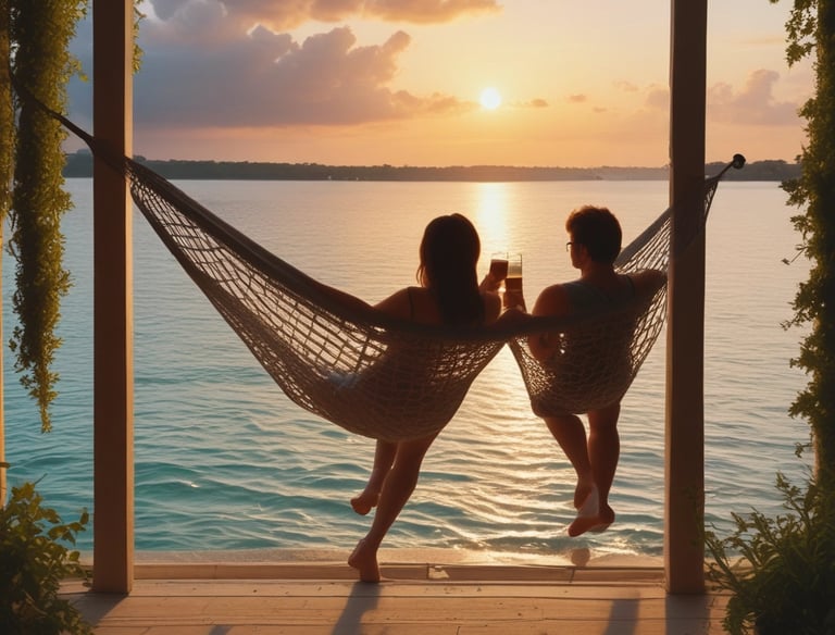 two people sitting in hammock watching the sunset by the water with drinks