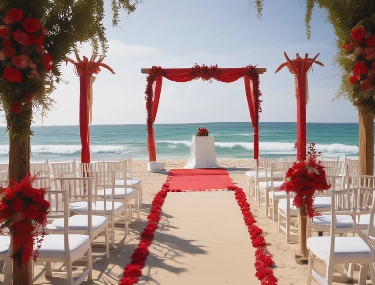 a beach wedding ceremony with red flowers and red carpet