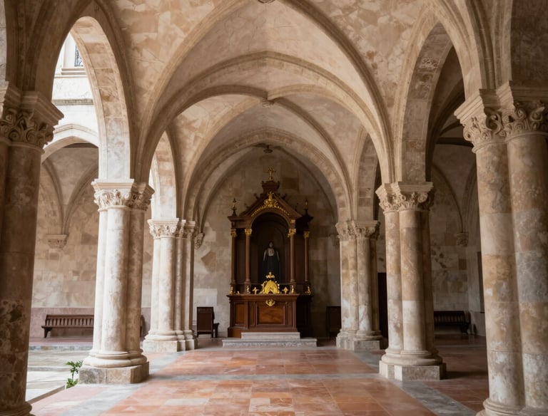 A serene chapel bathed in soft morning light, with candles flickering gently.