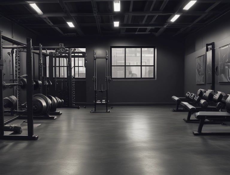 Minimalist gym interior with elegant lighting and limited equipment for exclusive use.